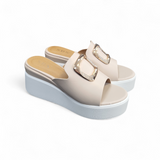 Keilabsatz Pantoletten Beige/Weiß