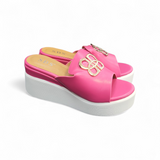 Keilabsatz Pantoletten  Pink/Weiß" Gold-Details"